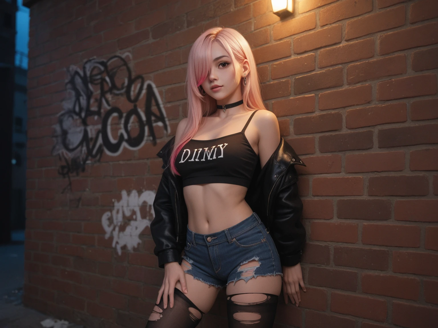 (8K:1.27), Best Quality, Masterpiece, ultra highres:1.2), Lesbian delinquent with dyed hair and tattoos on his arms, tattooed girl, full length image, Dirty torn old white t-shirt of an oversized prisoner, Dirty torn big t-shirt, Short large sleeves, beige pants for prisoners, tied with a rope, In dirty old gothic clothes, long pink hair, Put it back in, and a big dirty bundle, kneeling in a prison cell next to a noose, handcuffed, hande, tied with a rope behind his back, A submissive choker around his neck and a plaid keffiyeh scarf around his neck, 4K or 8K image, It's very sad to look at the floor, Very sad face, praying, Paisley Bandana Pirate-style scarf, fetid, bare footed, Rope loop, hanging from the ceiling, tattooed body, Loop hanging rope, (Missionary Choke Pose:1.4)
