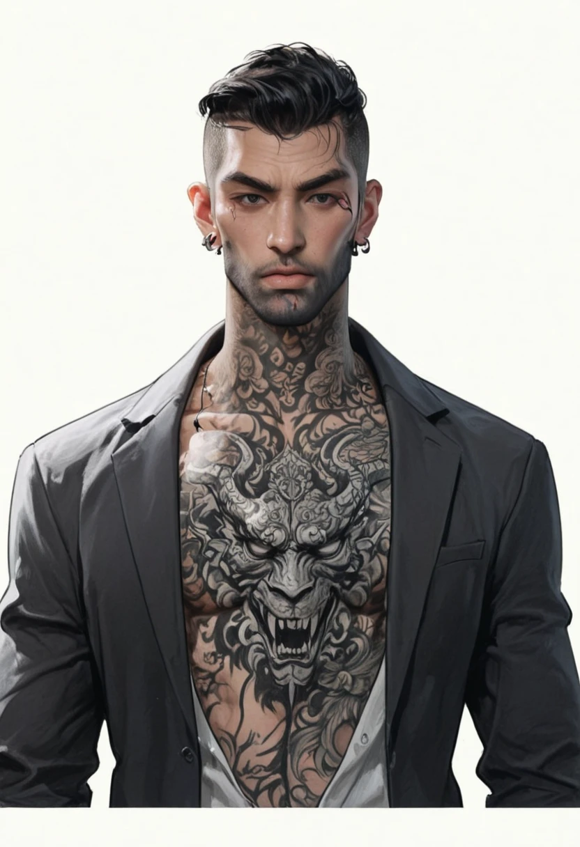 Masterpiece, top quality, 4K resolution,
Crafted design, bold men's t-shirt,
Tattoo artistry essence, embodied,
Traditional and contemporary, blended,
Fierce animals, intricate patterns, skill and versatility showcased,
Masculine color palette, deep blacks or grays,
Edgy, timeless appeal, statement-making design,
Resonating with tattoo appreciation admirers.