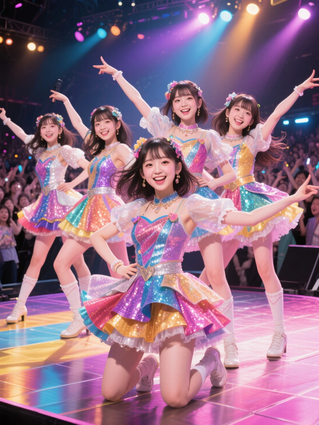 ((ExtremelyDetailed (PUNIPUNI KAWAII 12 Girls in a row:1.37) Shibuya Hachiko-mae scramble crossing)), (masterpiece 8K TopQuality:1.2) (ProfessionalPhoto:1.37), {(Standing Full Body:1.2)|Dancing}, Different types of hair colors, {((White skinny Athletic wear))|SchoolUniform|Tutu}, {(Hidden Hand)|(Corrected BabyLike hand)}, (Joyful Expressions LifeLike Rendering), PerfectLighting (RainbowColor particles:1.2)(Dazzling Blurred ColorfulLights) MotionBlur BREAK (Acutance:0.8) Impeccable Radiant PearlSkin with Transparency . (((no extra limbs)))