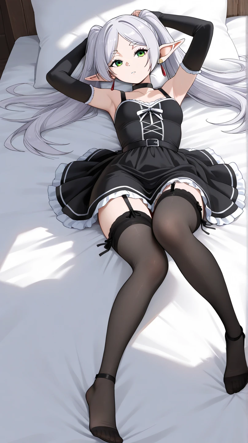 (((1个Giant Breast Girl)),Ray traching,(dim murky lights),[detailedbackground(Bedrooms)),((Silvery hair)),((Silvery hair)),(((((Fluffy silver hair,plump and slender girl))Wears a high ponytail)))Avoid golden eyes in the ominous bedroom((((Girl wearing intricately embroidered black high-waisted pants with pantyhose)There are also white ruffled bow gloves),It shows a delicate and slender figure and beautiful curves,Correct limbs,opening legs,Sitting on the bed, Chest exposed, thighs open, black pantyhose to expose panties