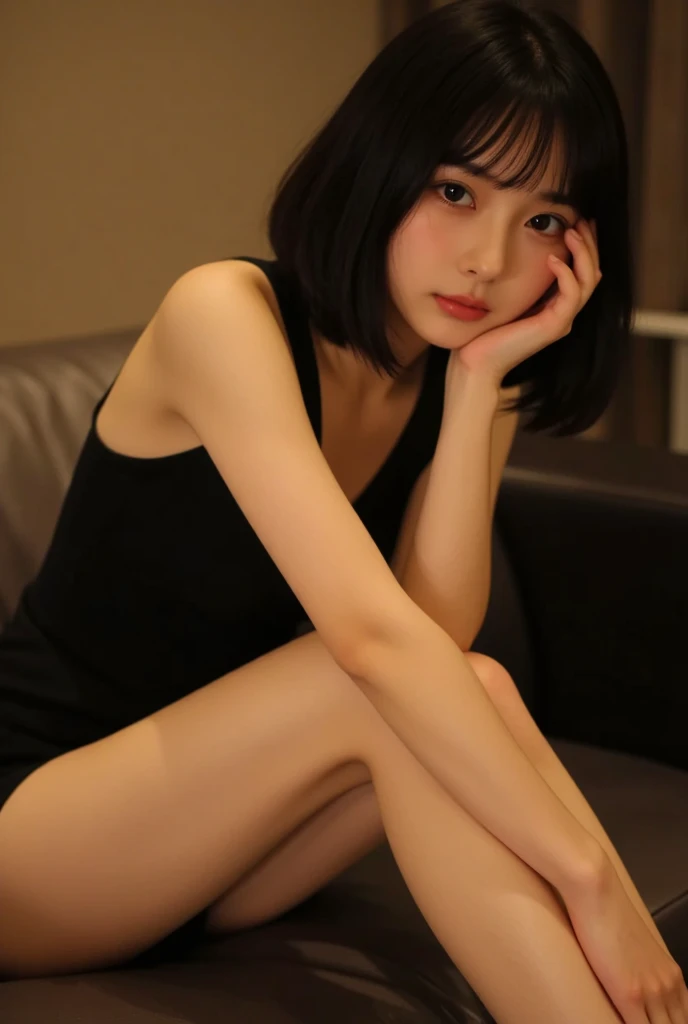 In detail, High resolution, high quality、Perfect dynamic composition, Beautiful attention to detail, Bob Layer Cut、From below、sight、From below、From below、Sit on the sofa、Long legs、despise、Looking into the camera、Hold in hand、Put your hands forward、holding something、Natural color lip, 23 years old、1 person、Clear Skin、Shorts、Shiny Hair、Bedroom、Inside the room、Fashionable clothes、Shibuya Ward、Pique Ice Cream、Loungewear、Fashionable、Beautiful feet、Futomo、shake your head、Glare、Stimulate、Rage、video