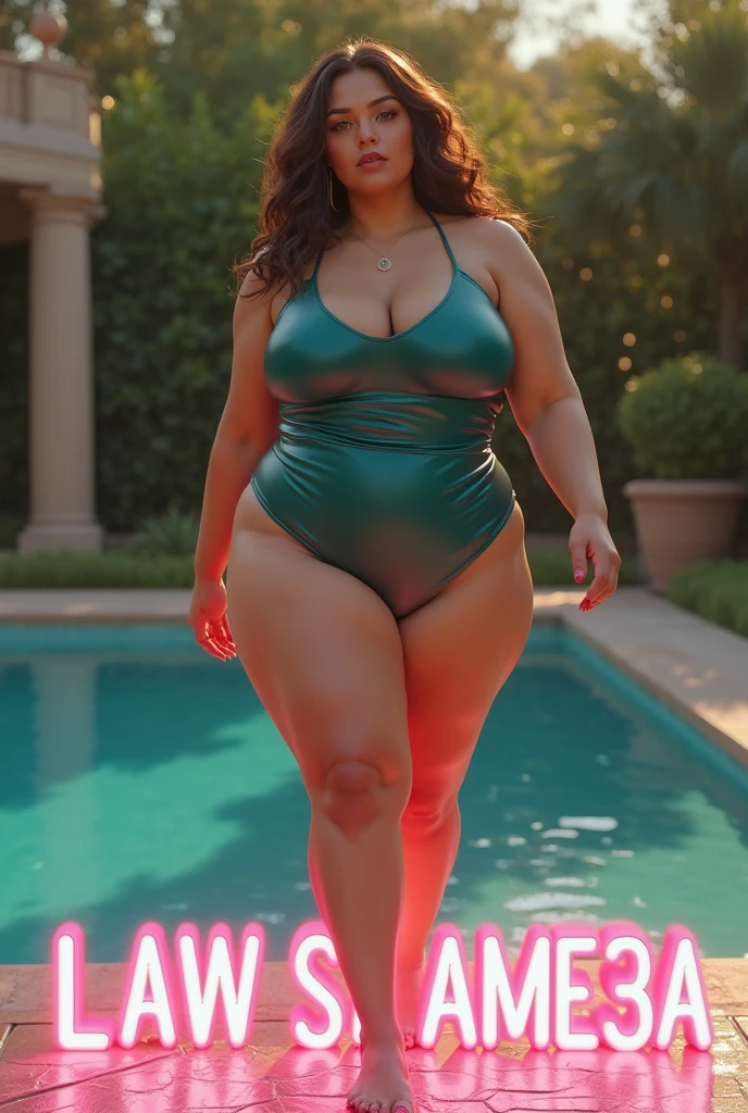 a close up of a woman in a bikini and a hat, ela tem uma barriga redonda gorda e agitada, thicc, corpo grosso, full body shot in bikini, green bikini, is wearing a swimsuit, corpo voluptuoso, wearing two - piece swimsuit, beautiful thick female, BBWCHAN, her belly is fat and round, , in translucent chiffon bikini
