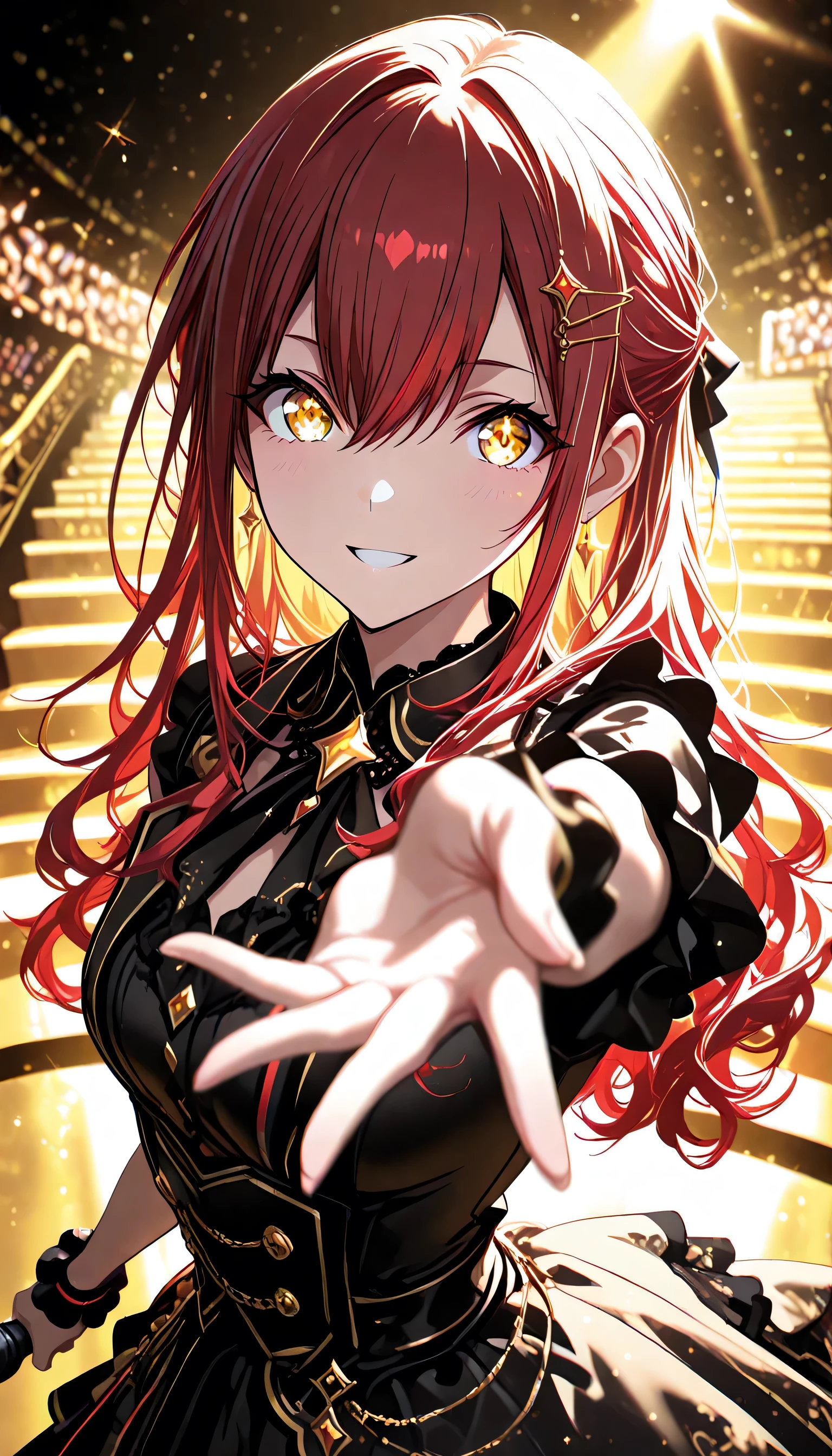 1 girl , golden eyes , very long hair , long sidelocks, red hair ,half updo, petite , very cute , beautiful ,Straight hair, cool, handsome, hair between eyes, sexy, medium breasts , cute girl, big eyes, extends her hand to the viewer, sharp focus, dynamic pose, depth, top view, perspective, dress, fisheye, smile, idol, stage, at the concert, lightsticks, performance on stage, ponytails, curly hair, jewelry, microphone, singing, sparkles in the eyes, pastel color, light yellow, light pink, girl, hairpins, stars in the eyes, holographic colors, rainbow highlights, cinematic frame, cute, solo, looking at viewer, blurry,chromatic aberration,portrait,close-up,project sekai; soft; pastel; colorful; detailed; details; masterpiece; high quality; best quality; ultra details; amazing; stunning; illustration,sketch, flat color, soft skin, sketch lines,cinematic lighting , cinematic angle, soft light , color detail, backlighting, Depth of field, long exposure, light steps, intricate colors, vibrant colors,