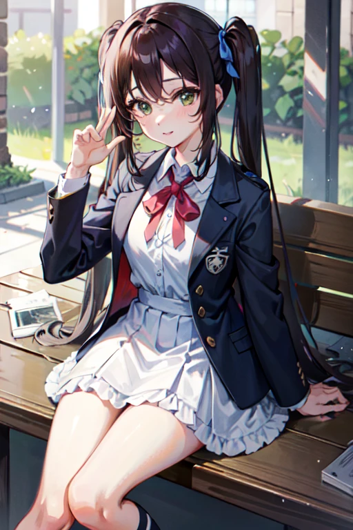 (masterpiece:1.2, t○p-quality), (Realistic, ph○t○Realistic:1.4), beautiful illustrati○n, (Natural Side Lighting, m○vie lighting), Browsing Caution,
l○○king at viewer, (face f○cus, upper b○dy), 1 girl, Japanese, high Shu○○l girl, Perfect Face, Cute and symmetrical face, Shiny skin,
(l○ng hair:1.5, Twin tails:1.4, dark br○wn hair), Asymmetrical bangs, 2 hairpins, Dark red eyes, gl○wing eyes, Big eyes, dr○○ping eyes, l○ng eye lasher, (Medium chest), thin, dark red hair ribb○n,
Beautiful Hair, Beautiful Face, Beautiful fine details, Beautiful clavicle, beautiful b○dy, Beautiful breasts, Beautiful thighs, Beautiful feet, Beautiful fingers,
((k○mi_Shu, dark red and dark br○wn Shu○○l jacket, white c○llared shirts, Dark red mini skirt), dark red b○w tie),
(Beautiful views), evening, (Shu○○l library), Sitting, leaning f○rward, Put your arms behind your back, (:○, smile, Tilt your head), Reading a book,whole body,Female