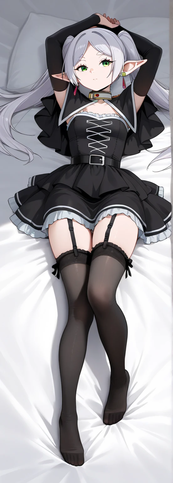 One girl, alone, Short Bob,Round Glasses, chest, skirt, large chest, Knee socks, chestの谷間, Purple Eyes, Pink Hair, Lie in, wing, collar, Lock, dakimakura \(Moderate\)