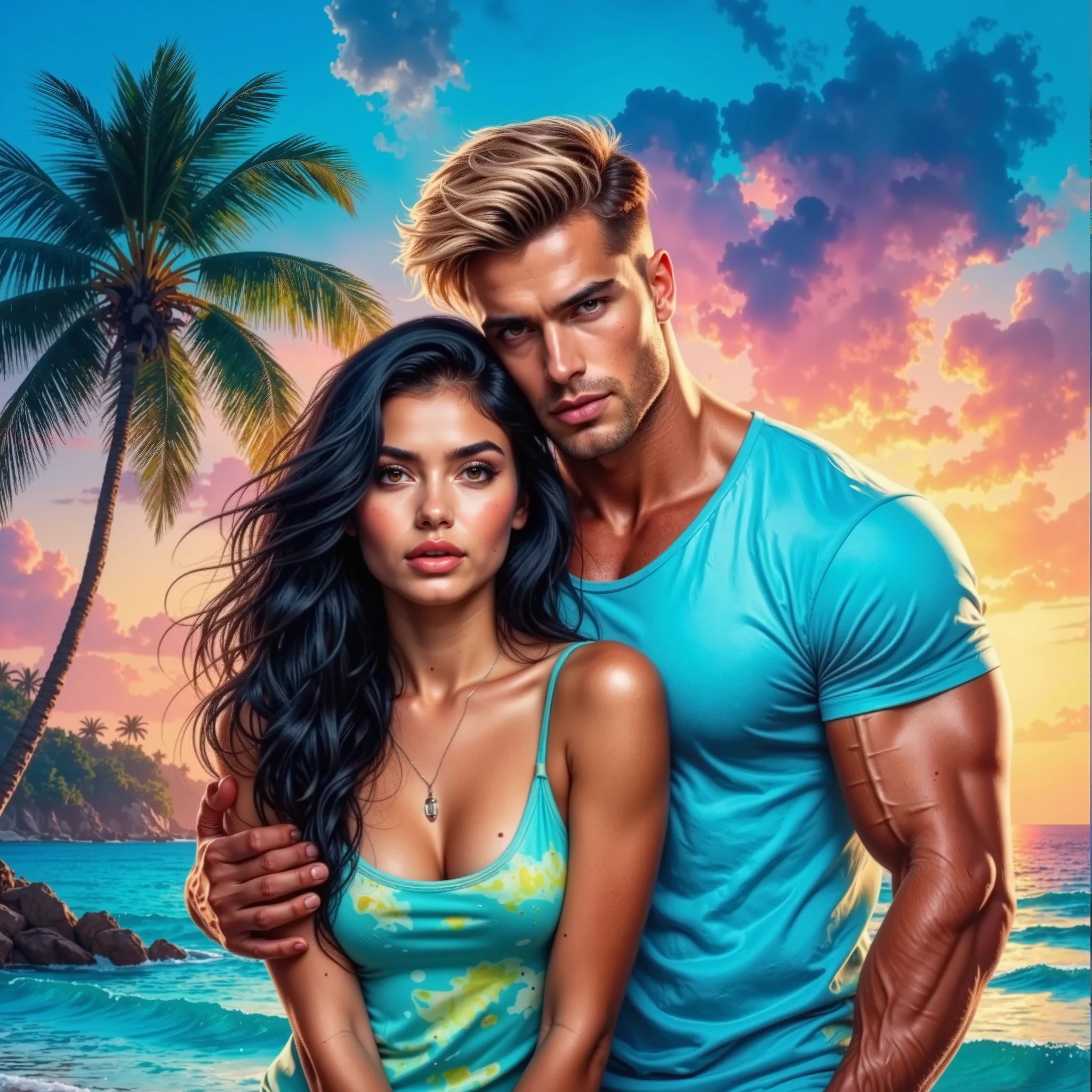 (((ultrahi-rez EXTREMELY DETAILED ULTRA-REALISTIC PROFESSIONAL FIRST PLAN photo: 1.6))) glossing vivid vibrant hue textured extradetailed volume первый план, idealbookcover. 18-year-old black-haired girl in a bright short dress,sitting close on the coast of the sea,handsome muscular man modernblondehair dangerous man in a T-shirt and shorts hugs his waist,touches the girl's chin,backdrop,turquoise. neon colornight .HighDetail.passionately.palm trees,beautiful.dynamically.book cover.Languidly.creatively.daring .modelfresh face.eyed.textural.glare.she looks at the camera,he is passionately on her.