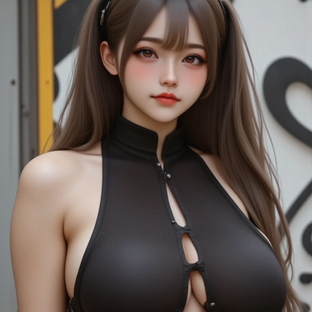 8K picture quality、The ultra -The high-definition、ultra-detailliert、masutepiece、portlate、White mesh、Beautiful long hair、shinny skin、Sweater with open chest、super giant breast、The chest is very plump、Tight skirt、Super big ass、T back、Korean Beauty、Very long lashes、lofty nose、luslous skin、A smile、Beautiful white teeth、The background is a room with lots of pink miscellaneous goods........................