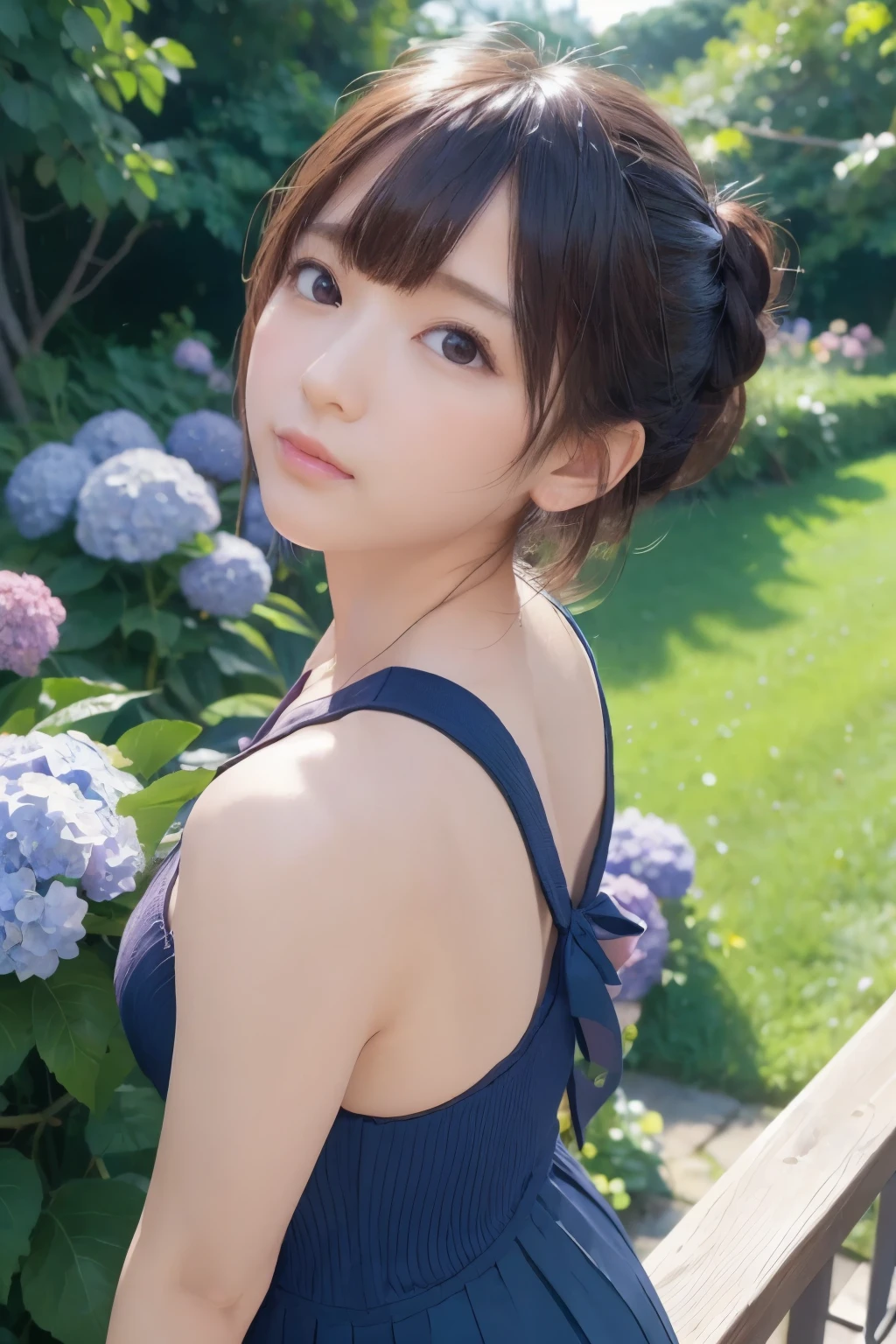 Highest qualityのリアル,Official Art,Highly detailed CG Unity 8k wallpaper,Super detailedな,High resolution,Physically Based Rendering,Magnificat,In detail,masterpiece,Highest quality,Super detailed,Mature Beauty,Beautiful woman,One girl,Moist lips,Sexy lips,Sexy smile,A kind smile, 20-year-old, Beautiful Skin,Smooth Skin, Shapely large breasts,Beautiful mature body,Swept-apart bangs,(Medium Hair:1.3), Beautiful attention to detail,Model shooting style,Japanese Idols,whole body,((Hydrangeas blooming on the slopes of the back alleys )),break,(Linen Micro Mini Bikini:1.3),Walking Model pose,Delicately rendered eyes,Cute Smile,Shoot from below,(Walk along a path surrounded by hydrangeas), A lot of hydrangeas are blooming,Model pose,((Extreme Close-up)),