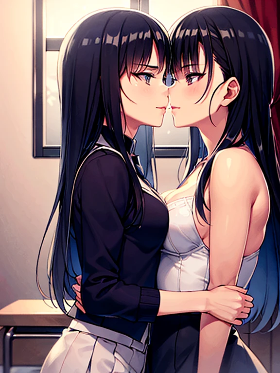 2 girls , bed,(Yukinoshita Yukino) , (Yukinoshita Haruno, black hair) ,kiss , Drool, check skirt, the skirt is rolled up, topless , white panties ,light blue panties, sex ,school