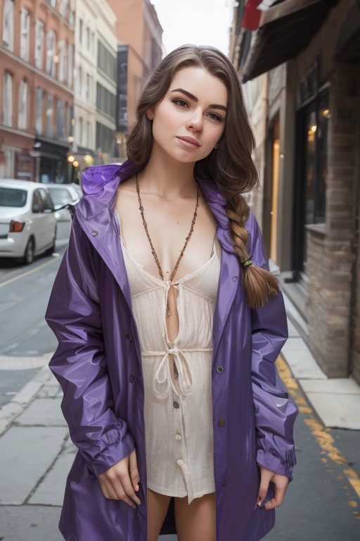 19-year-old woman、Hair color is a gradation of brunette and purple、Eye color is blue、Longhaire、hair is wavy、tie your hair with a ribbon、wearing eye shadow and lipstick、Slender but well-proportioned muscular body、a smile、huge tit、is wearing jacket、Wearing slacks、I'm wearing high heels、a smile