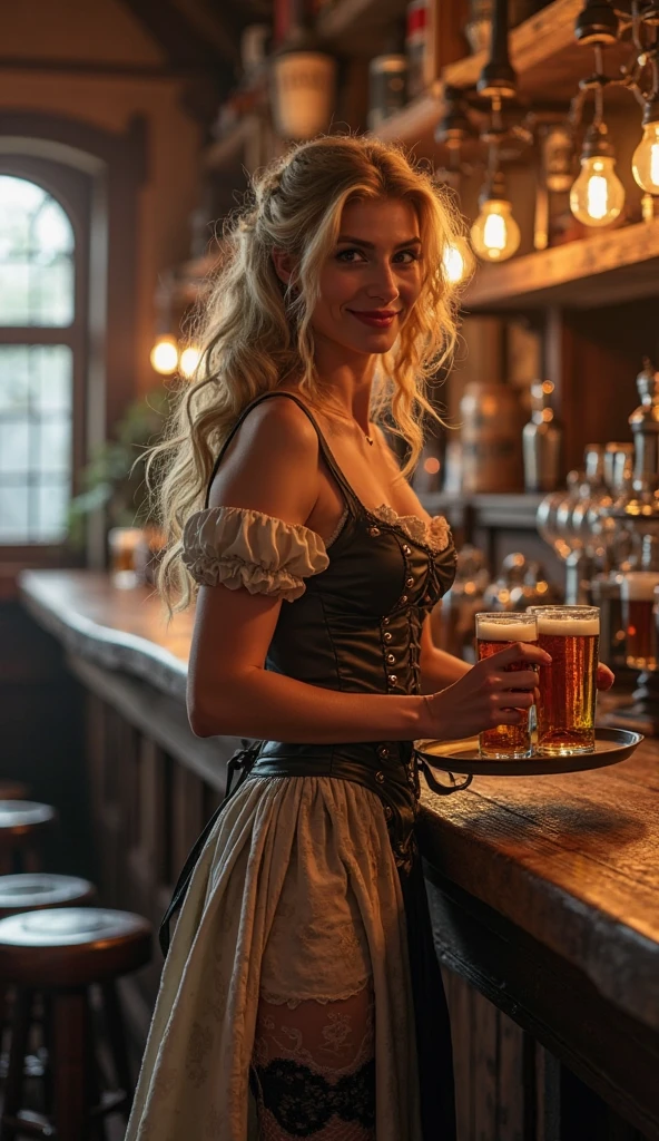 solo, realistic, photorealistic, natural lighting, (large forehead, (((Latvian woman))), (((Latvian nose))), (((Latvian eyes))), (((blonde))), (((braids))), (((Latvian face))), (((Latvian lips))), (((Latvian body))), (((fair complexion))) pose: standing, smiling, wearing Corset-Style Dress , cleavage, , background:A timeless whiskey bar steeped in history and tradition, with leather armchairs, mahogany furnishings, and a collection of rare spirits lining the shelves. The ambiance is warm and inviting, with live jazz music and the aroma of aged oak. Guests can savor premium whiskey flights and classic cocktails.