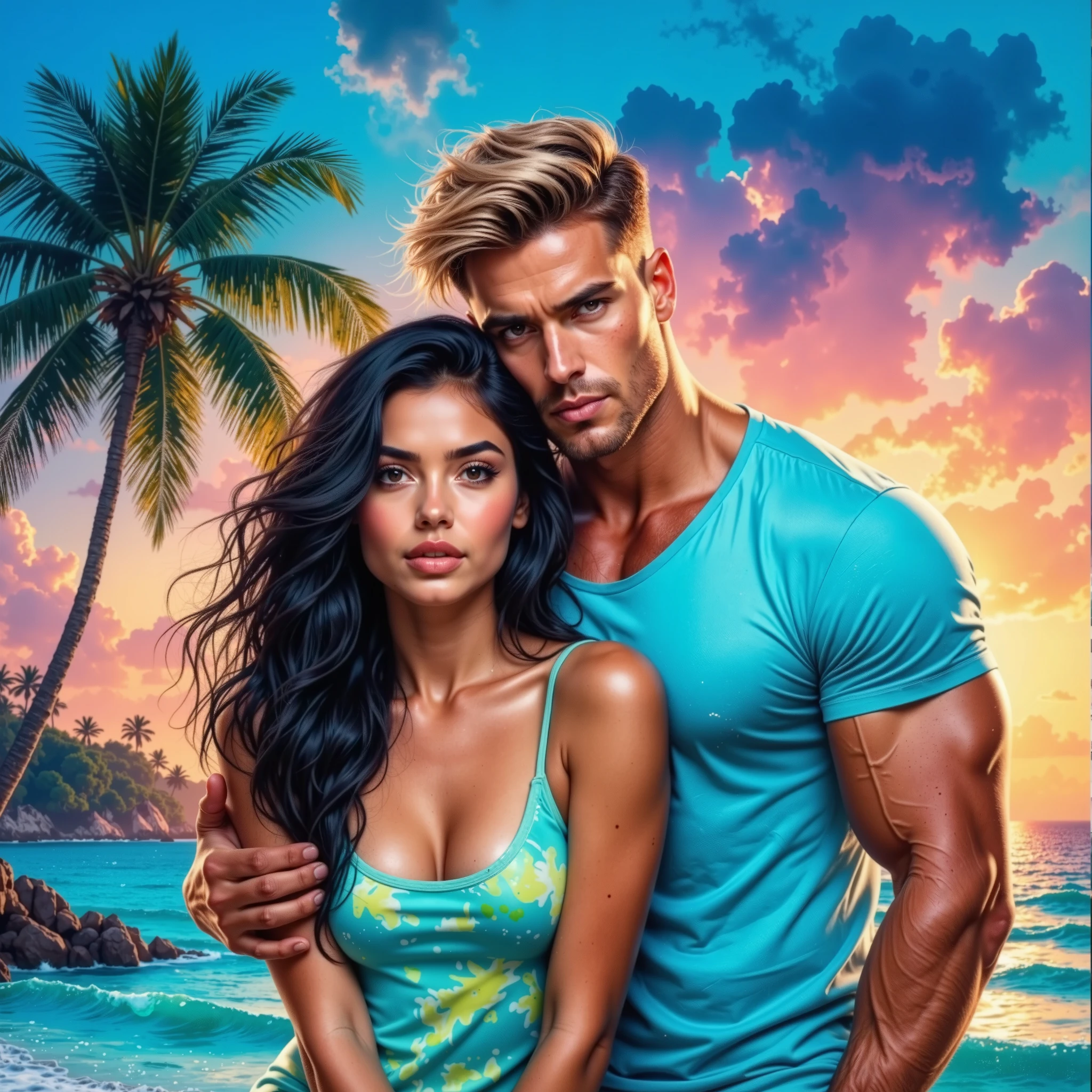 (((ultrahi-rez EXTREMELY DETAILED ULTRA-REALISTIC PROFESSIONAL FIRST PLAN photo: 1.6))) glossing vivid vibrant hue textured extradetailed volume первый план, idealbookcover. 18-year-old black-haired girl in a bright short dress,sitting close on the coast of the sea,handsome muscular man modernblondehair dangerous man in a T-shirt and shorts hugs his waist,touches the girl's chin,backdrop,turquoise. neon colornight .HighDetail.passionately.palm trees,beautiful.dynamically.book cover.Languidly.creatively.daring .modelfresh face.eyed.textural.glare.she looks at the camera,he is passionately on her. 