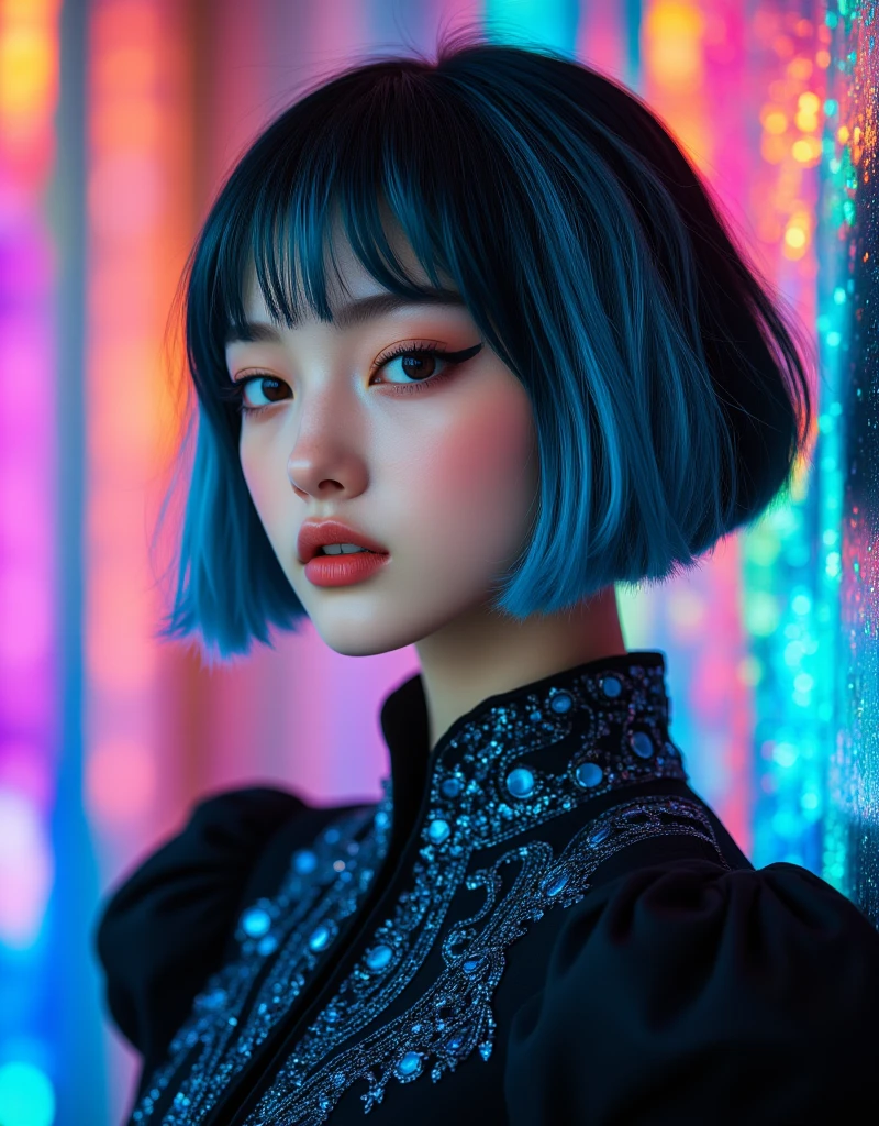 One girl,alone, Upper Body,View Viewer, White Background, Bobcut, short hair, Multicolored Hair, compensate , Lips parted, Black Lips, eyeliner, Gothic, Goth Girl,(((Completely naked))),(((nsfw)))