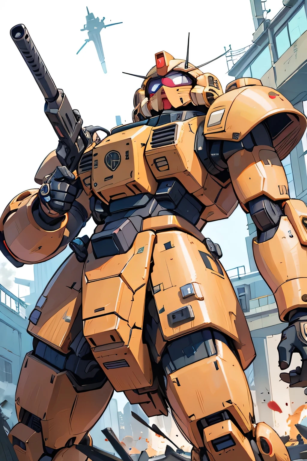 Please draw what you like.8k,MS-05, zaku 1, monoeye, gun,masterpiece ,amazing, dynamic production, extremely detailed, extremely beautiful and fain design extremely beautiful and fain colors, high resolution, cinematic style ,illustration, gundam,sci-fi, HD, Gquuuuux, premium performance, premium detailed, 8k, best quality, 傑作,holding beam gun, 旧ザク, amazing, simple background,