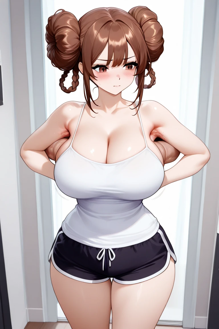 ((Table t○p, highest quality, Hi-Res Lucifer,Anime Screen Capture、Perfect Pixel, 4K))、nsfw、Perfect Anat○my、(((Huge breasts、Wide Hips、Wide ass、Thick thighs、Chubby)))、Sweat, (((black baseball cap、Grey sports bra、Grey sports panties))),(Green Eyes)、((Short Hair、Long single braid))、((Brown Hair)), ((((blush、Embarrassing、:d))))、(shower room)、((back、Fuck from behind、Rear view))、