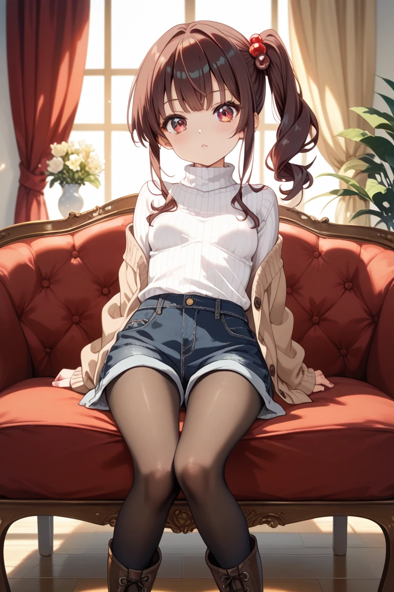 finest, masterpiece, High resolution, (Full body view from head to toe), front, frontやや下からの構図, Symmetrical, 18 year old tall girl, alone, (whole body from head to toe), (small breasts), messy hair, bangs, (black tights), (black pantyhose), (sitting with legs spread apart), (squating pose), (composition showing white panties), (Her legs are spread open and her white panties are visible.), made to sit with legs spread, (M-shaped legs), Slender legs, A very beautiful and tall 18 year old girl, (not wearing shoes), blush, shy big eyes, looking at camera