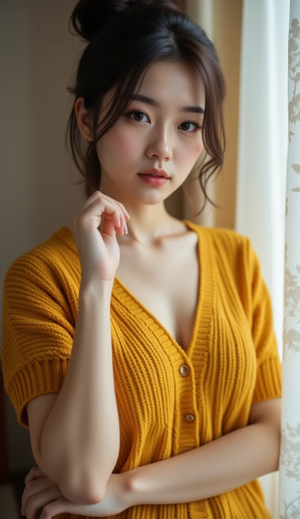 masterpiece, highest quality, 8k, 20th Generation, Large Breasts, cute, alone, sad, cute, Girlish, Delicate girl, Pure beauty, RAW Photos, Professional photography, Portraiture, Soft Light, Professional Lighting, Backlight, Head to Knee, avert your eyes, Sophisticated, Film Grain, (Eyes and facial details:1.0), Short floating hair, Beautiful, flowing hair, bangs, (Loose cardigan(Pale yellow))、(Large Breasts:1.0)、You can see a little cleavage、Micro Mini Skirt、Voluptuous thighs、Dolly Makeup、Odd Eye、The color of the eyes is different on each side