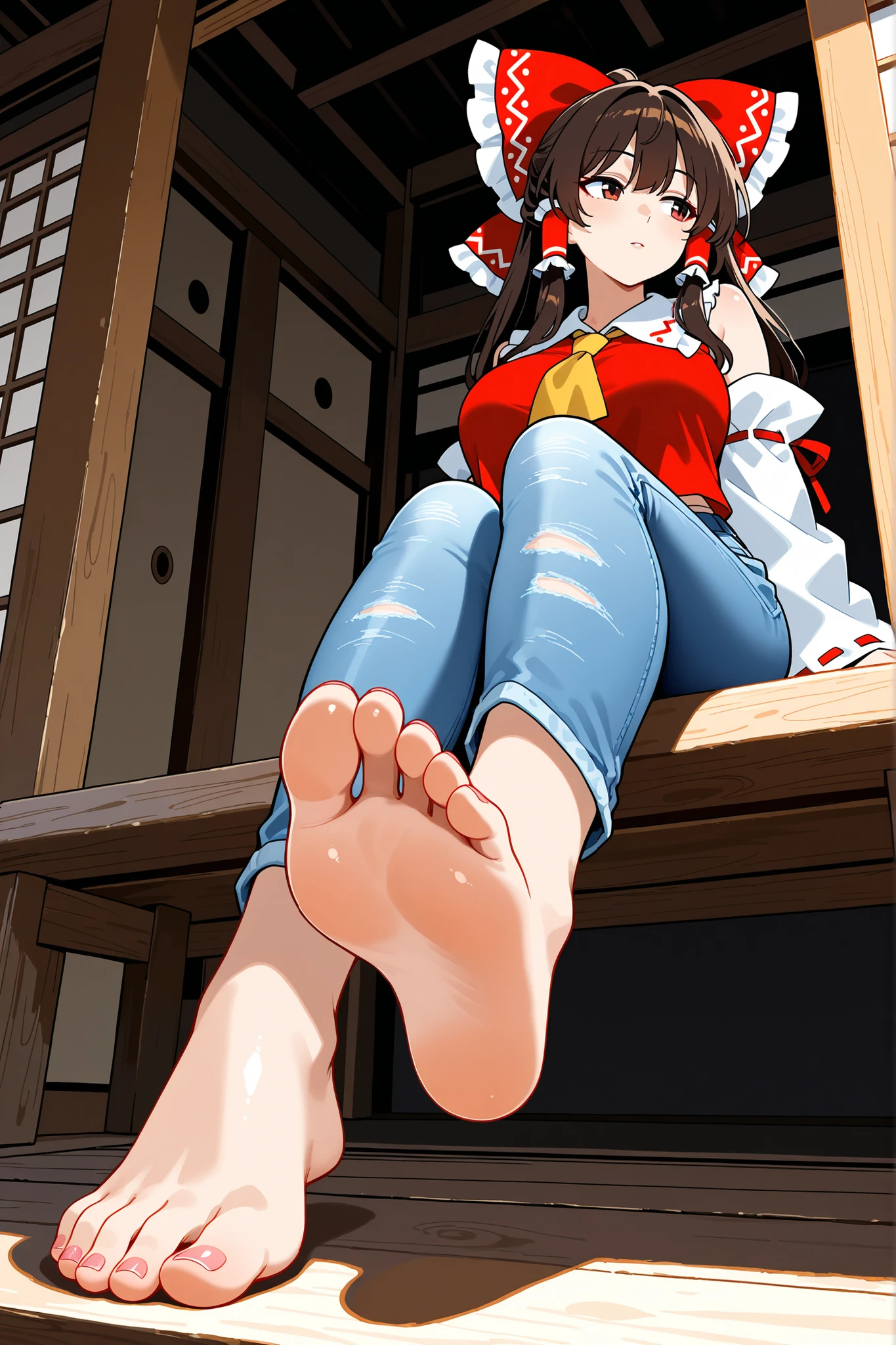 masterpiece, best quality, high resolution, absurdres,
Reimu Hakurei, mature female, long dark brown hair, red ribbon, shrine maiden top, tight low-rise blue jeans, barefoot,
sitting on wooden bench, legs extended, one sole forward, foot focus, shiny soles, pink toenails,
looking into the distance, relaxed expression, warm sunlight, detailed foot anatomy, skin texture, WaiIL25PosC,WaiIL25PosD