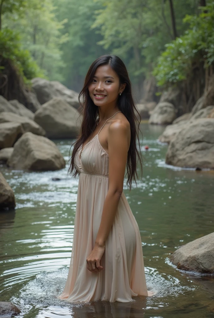Create Real pinay girl age 30 wearing pink short and sleevless s say cheese standing with background water falls