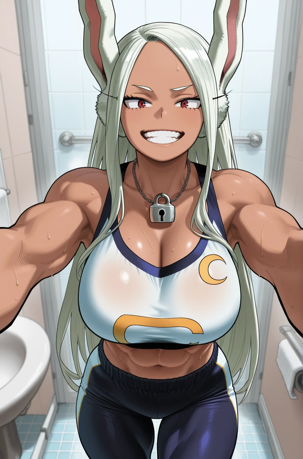 4k image} high angle, 1 Beautiful woman, curly long hair slicked white hair,blue turquoise eyes, background city (unfocused), simple smile, manga lineart (with colors), {just face and chest photo}, {centered image}, athletic body,she looks at her abs, in the bathroom,she takes a shower naked, medium breast,shaved pussy,top view, sketch lineart for a character design, octane render, character concept art, by Mark Brooks and Brad Kunkle detailed, amazing detail, trending on artstation
