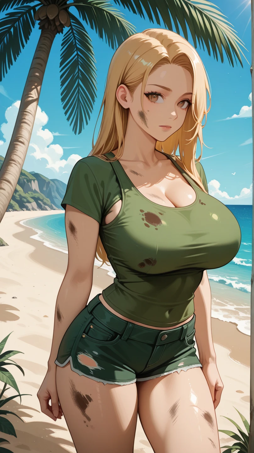 Woman sheriff, wild west, curvy, cowboy hat, blonde braids hair, pink skin, parts, blushing cheeks, stir in both hands, village scene in the desert