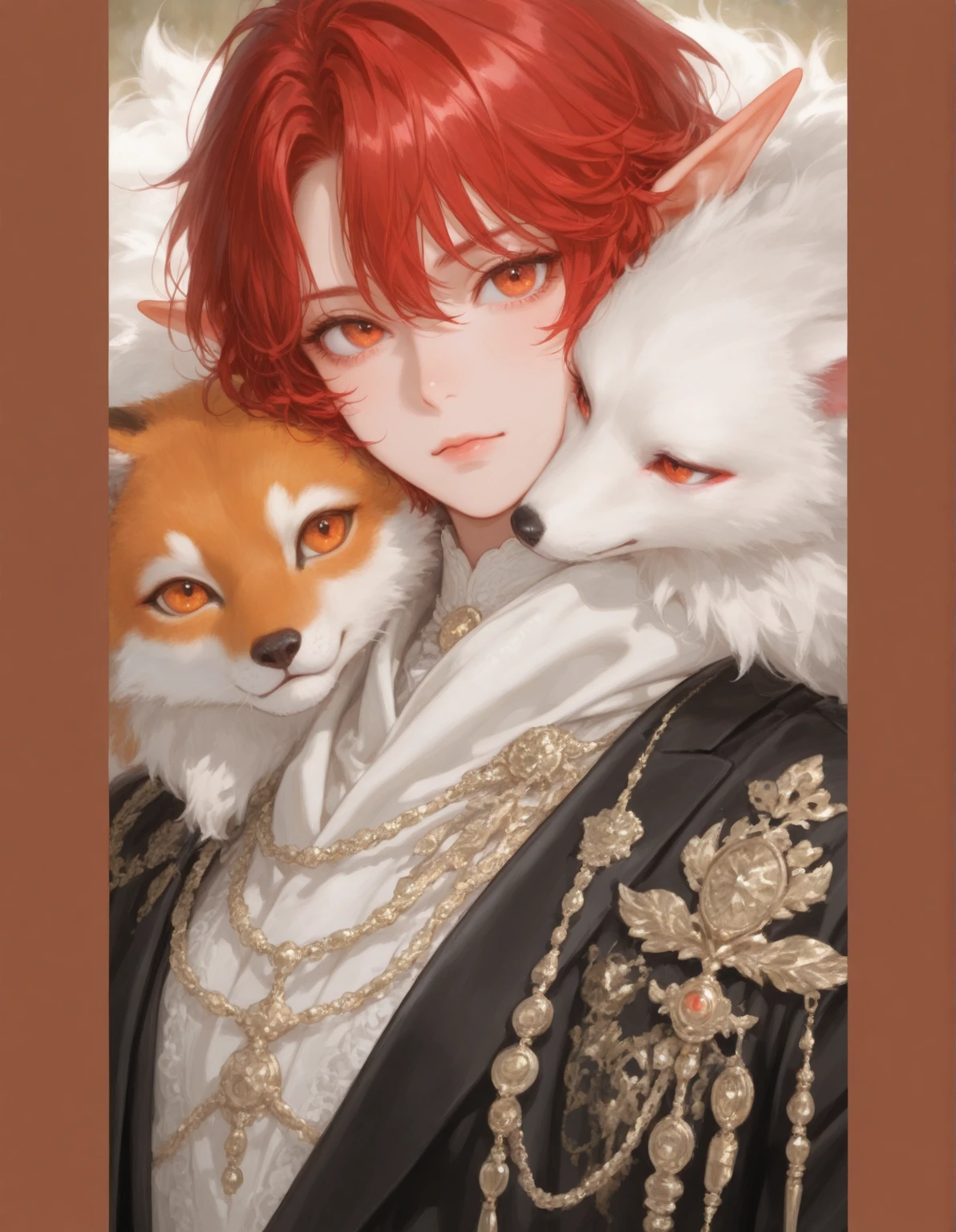 Man, thick eyebrows, handsome, short hair, fox ears, injured, cute