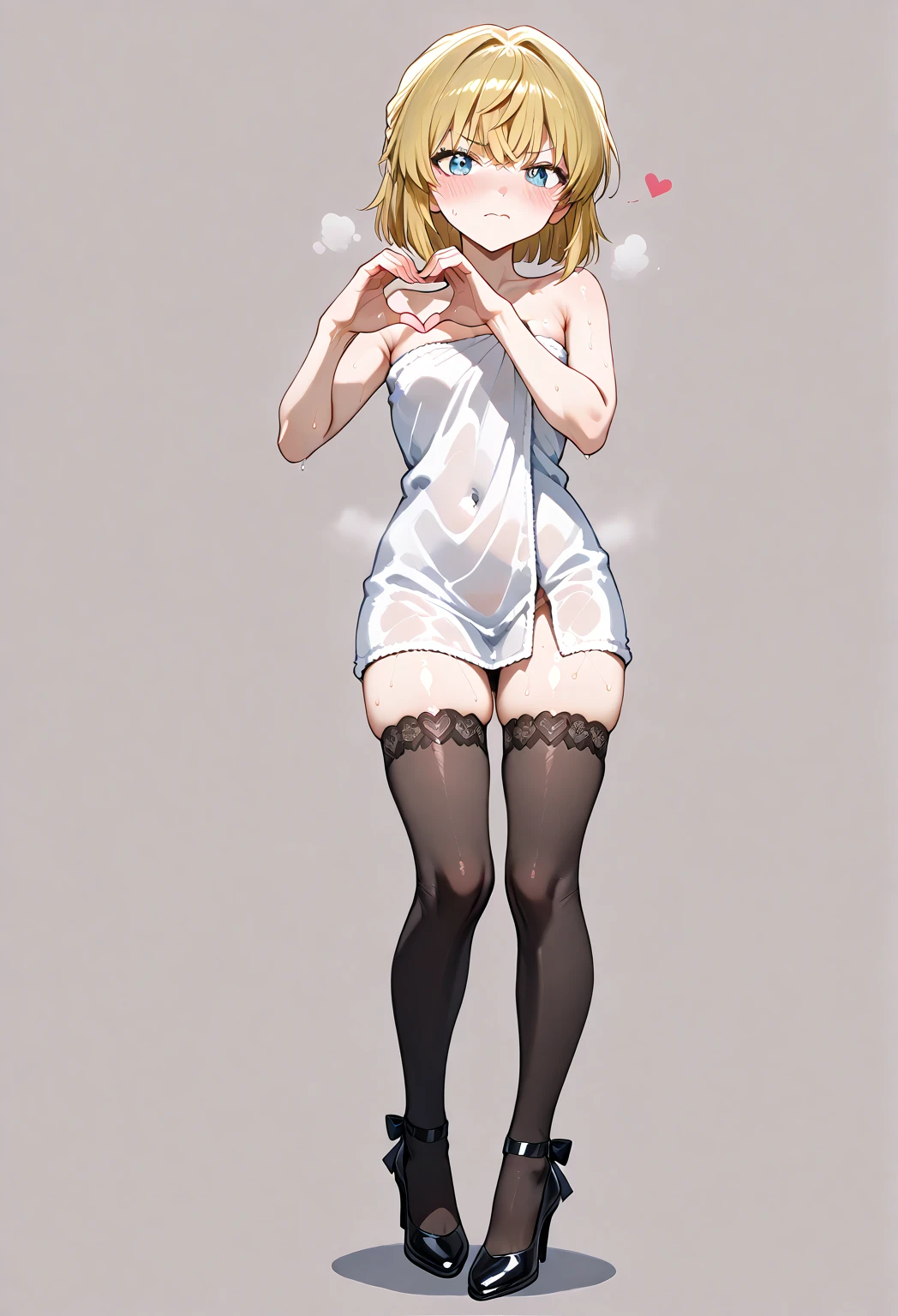 (muste piece), (best quality), (score_9, score_8_up, score_7_up), very detailed eyes, expressive eyes, perfect face, very detailed face, highly detailed face, beautiful girl, 8K, beautiful girl, white background, delicate and beautiful face and eyes, dark intense shadow,
1 girl, vtuber style, cool girl, hololive, vtuber, kazama iroha, blonde hair, ponytail, mini pleated skirt, covered navel, black leotard, black shorts leotard, leotard under skirt, white thighhighs, sarashi, japanese clothes, cameltoe, small chest, chest sarashi, arms up, armpit, bare arms, body visible through clothes, chest visible through clothes, ass visible through thighs, shy expression, blush, (full body), lying, sweating,