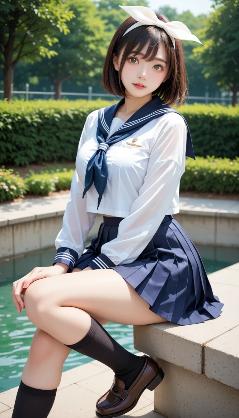 detailed_background, detailed_body, realistic, full body view, 1 girl solo, eye glasses, blushes, dark forest background, straight black hair, blunt bangs, cleavage, bigboobs, large_tits, heels, small waist, see-through white sailor uniform, sailor_serafuku, crotch, groin, pleated_skirt, sitting, panty_shot, cleavage , gray hair
