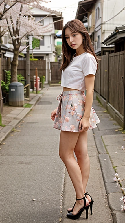 Open shirt, (((Leaning forward))), ((,Round face, Around 17 years old,mini skirt、Loose fitting tank top)), Long Hair, , Natural Makeup, Lips become thicker, Sexy Gaze, barefoot, ((Raise one leg)), Shooting from below,Gentle expression ,((Extremely precise and accurate anatomy)), (masterpiece:1.43), Perfect Proportions, Realistic photos, Full Shot, whole body, (height: 165cm),