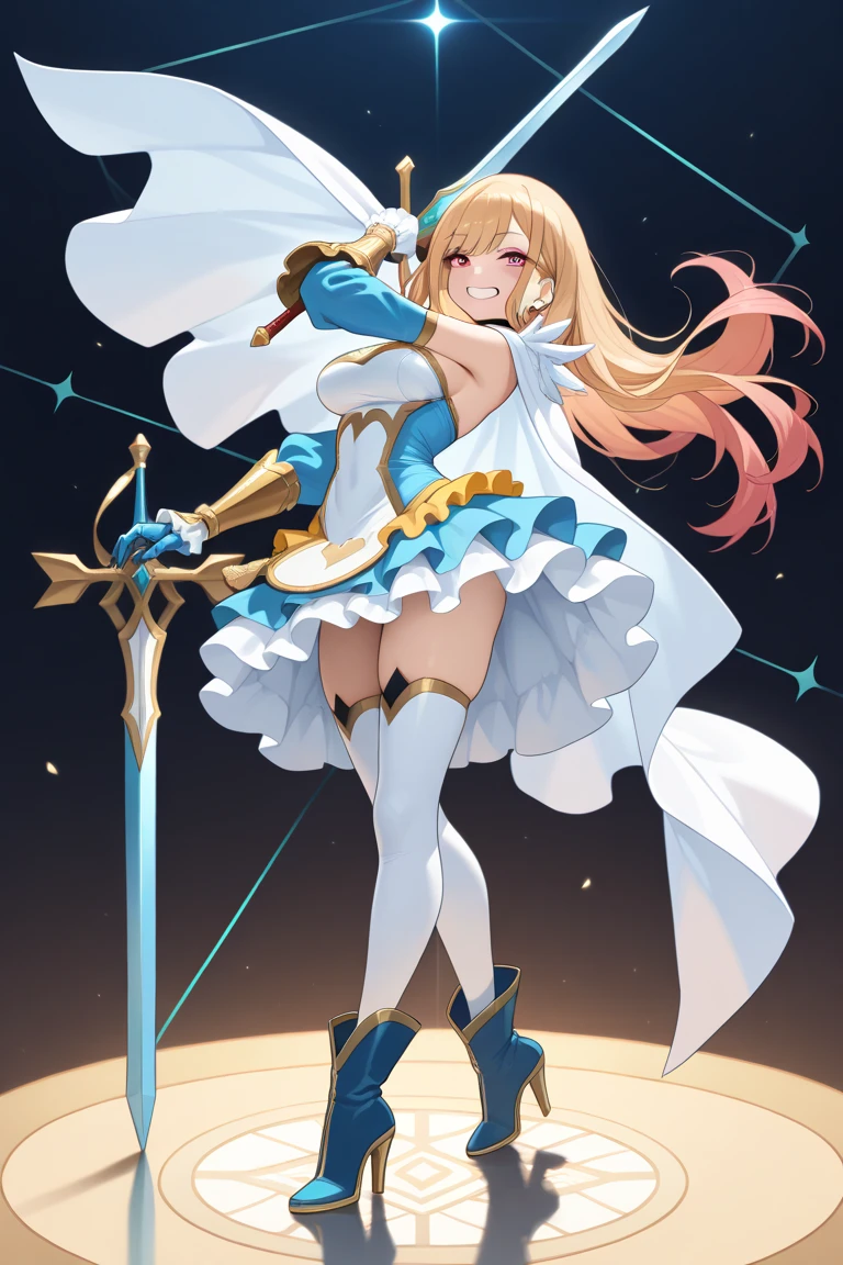 18 years old beautiful girl, masterpiece, top quality, 8K anime, 1 girl, detailed fingers, precise fingers, not unnatural hands, illustration, golden long hair, feather hair ornament, white cloak, white mini skirt with ruffles, white knee socks, white gloves, SAREN,