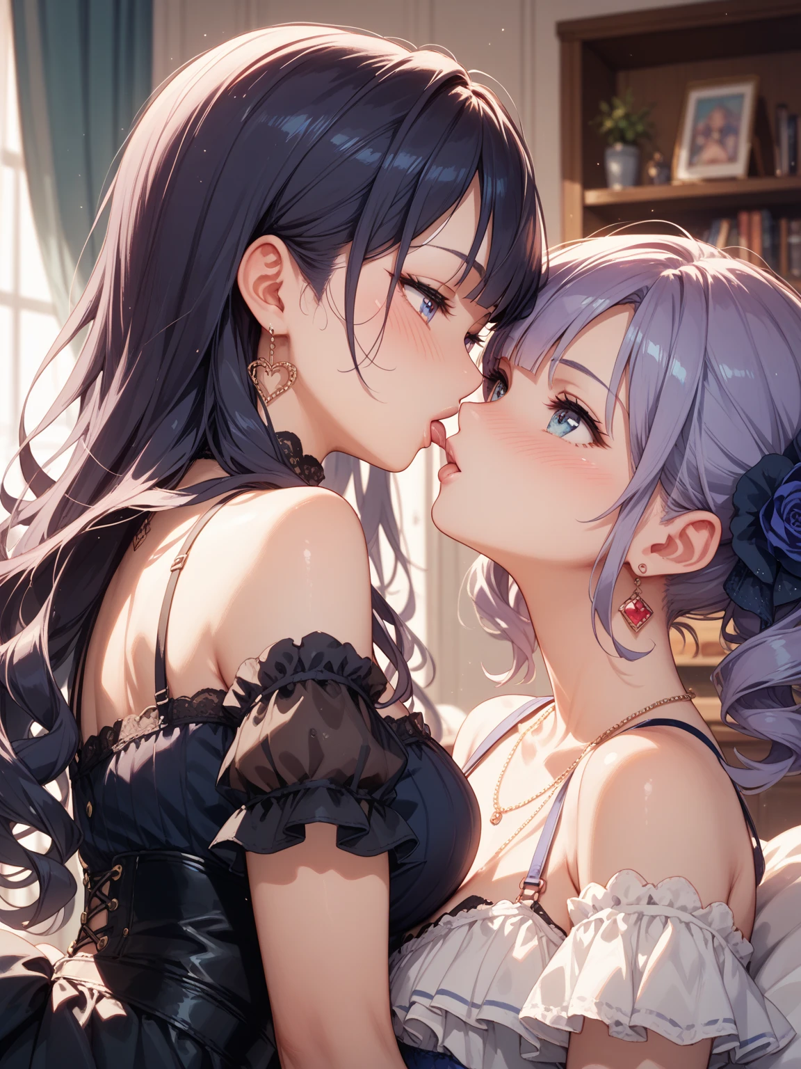 ((Highest quality))、((masterpiece))、(detailed)、((Anatomically correct))、(High resolution、8k)、Two Women、(kiss:1.3)、Two people looking at each other、Half-closed eyes、cowboy shot、 (Beautiful Eyes:1.2)、Gothic dresses in different colors、Gorgeous garden with blooming flowers、Petals fluttering、Blue sky、F Cup、Slipping、Nipples、(Both of them have their out)、Pressing breasts together