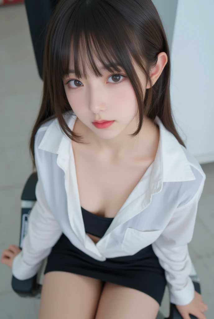 absurdres, RAW photo, extremely delicate and beautiful, masterpiece, Best Quality, ultra high resolution, 32k, hyperrealistic, ultra-detailed, perfect anatomy, super Detailed skin, Super Beauty, perfect figure, Perfect Style, Perfect balance, in her 20s, very small head, very small face, delicate facial features, tearful mole, earring, very huge breasts, bare legs, full body shot, medium hair, black hair, school_uniform,