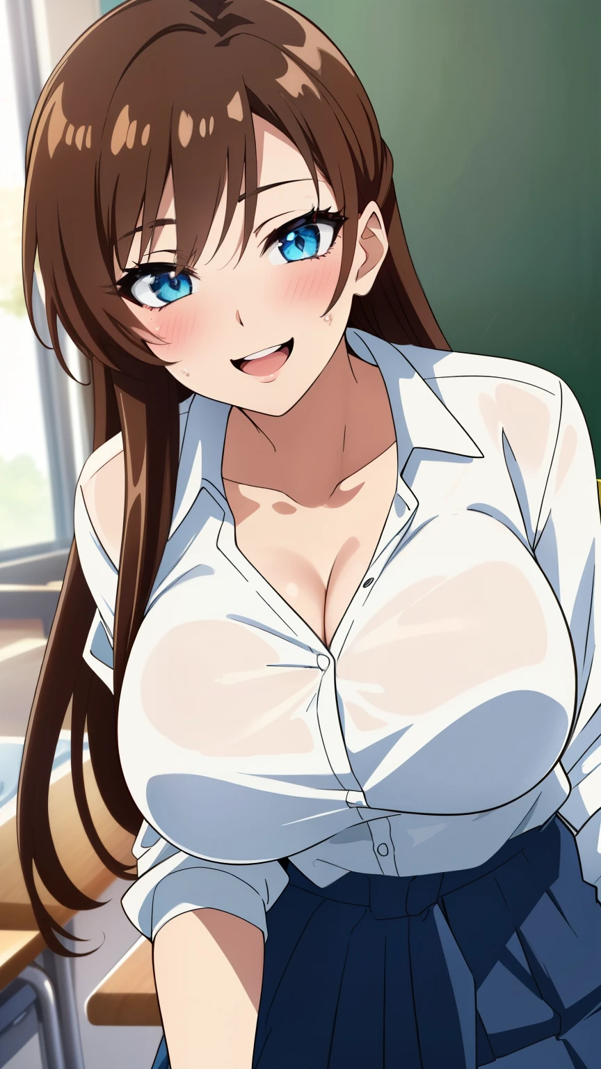 (masterpiece, best quality, high resolution, 8k:1.2), (Anime coloring:1.2), very detailed, beautiful eyes, perfect eyes, detailed eyes, feature large highlight, detailed face, ultra-detailed, detailed eyes, symmetrical eyes, (mature face:1.2), 1 girl, alone, (slim:1.1), (large breasts), (brown hair, long hair), smil, nffsw, (gal makeup, false eyelashes, bracelet:1.1), (focus on the mouth, open your mouth, open mouth, attractive), (in heat, Weakness, blushing, melting expression, smile, drunk:1.4), (nffsw, High school student, white shirt, dress shirt, mini skirt, collarbone, classroom),looking at the viewer,in the center of the image, (beautiful_chest:1.1), (beautiful_face:1.2), (beautiful_ waist:1.2), (upper body), dutch angle,