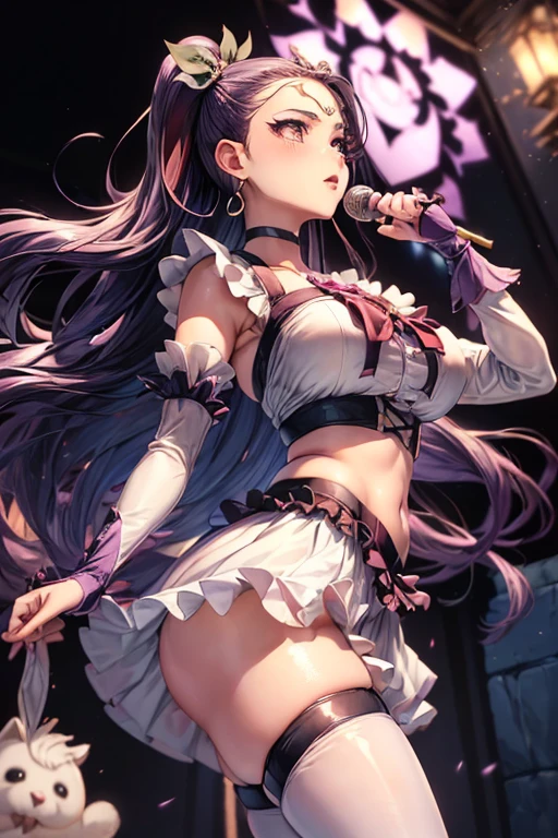 Adult female、Exact finger count、Exact number of legs、Exact number of arms、bangs, Ribbon Ponytail, Brown Hair, (blush:1), (Put one hand in your panties:1.8), Fingering, (Pussy juice:1.2), Cum in mouth, (A woman is holding a microphone and about to sing:1.5)、White and navy idol costume、Costume includes a navy blue idol-style corset.., The costume has a ribbon on the collar..、The costume covers the shoulders, ~ side, upper arm, and arms., The costume is open only at the chest area..、Knee-high socks、Idol-style white skirt, (Exquisitely and lavishly decorated underwear:1.3), Ribbon at collar.., (White and pink panties with lots of lace:1.3), White lace bra:1.2), Sexy Underwear, Knee socks、 Beautiful big , (Erect nipples:1), Her skirt is rolled up、highest quality, High resolution, (Beautiful and beautiful eyes:1.6), Highly detailed face, Perfect lighting, Highly detailed CG, (Perfect hands, Perfect Anatomy),Embarrassed look、The facial expression of a person who is holding back from going to the toilet, (Sexual pleasure expression:1.4), (Anguished expression:1.2)、close your eyes、Sexy Appearance、look up、mouth half open、climax、(Live Stage、Large crowd:1.3)、whole body、((The lower half of the body is completely naked and in full view))、((No pants))