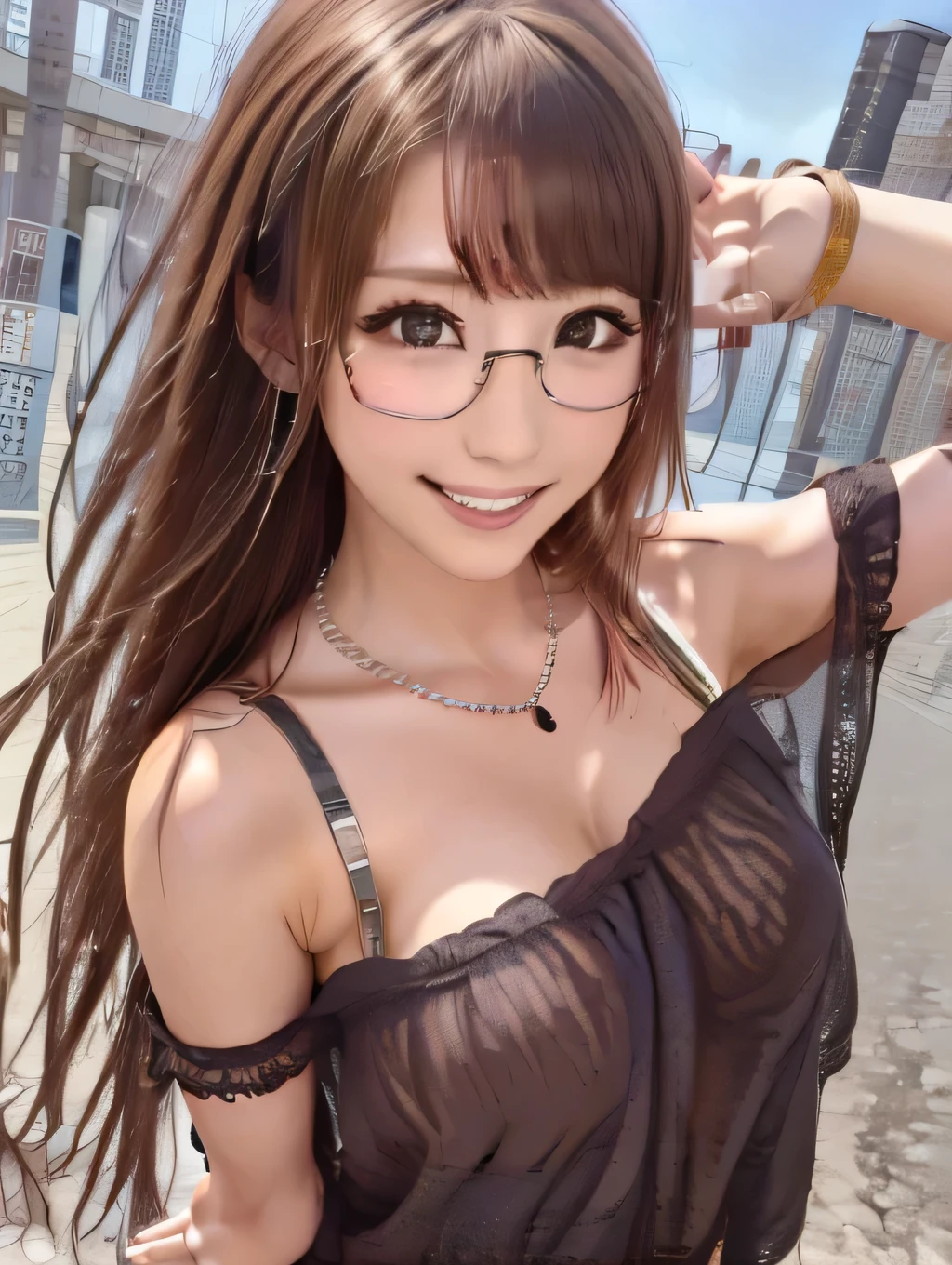 {{masterpiece:1.2}}, {{1woman}}, ((Ayami syunka)), ((upper body)), ((smile)), ((standing)), ((seaside promenade)), 21years old, ((gal)), ((light brown hair, shoulder-length hair)), {{black long sleeve shirt}}, {{costume focus}}, ((big breasts)), ((glasses)), ((silver necklace)), ((arm up)), ((open mouth)), ((in the heat)), Japanese