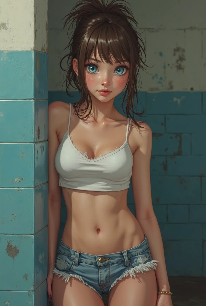 ((masterpiece)), ((Best quality)), (anime:1.5), (RAW photo:1.2),(a high resolution:1.3), (Professional photography:1.2), 1 girl, (Very shy and blushing), (glossy lips), upper body, I look at the viewer, (loose bikini top), o-ring, (combed bangs), low ponytail, ((loose cute pants pull up)), necklace, pale brown hair, , Sweet hips, (Fog effect:1.3), (on the steps of the building:1.3),