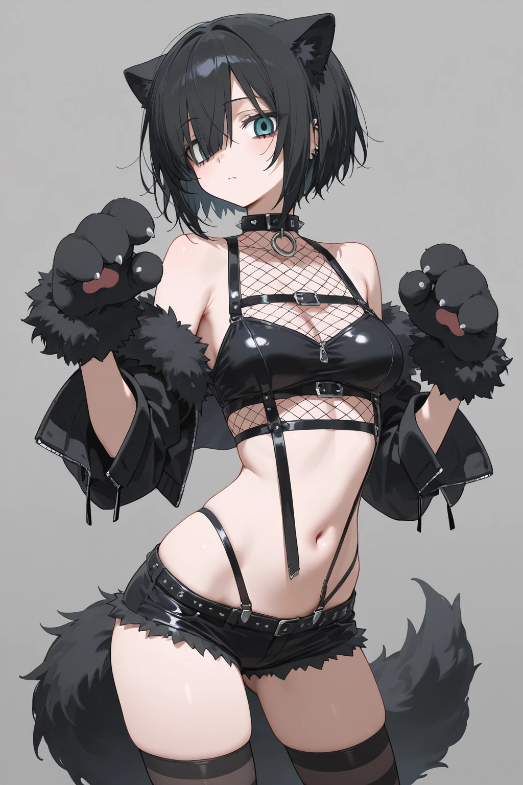 NSFW, short boy, feminine small shotacon, holding crow pet, small fragile body with small abs, black fur-lined clothes hanging on the shoulder, little to no clothes (showing core body), black hair, very messy mullet hair, bangs, shining crimson eyes, masterpiece, 8k, photorealistic, chiaroscuro lighting, dramatic shadows, cinematic composition, coast background, wearing black short, sharp black nails