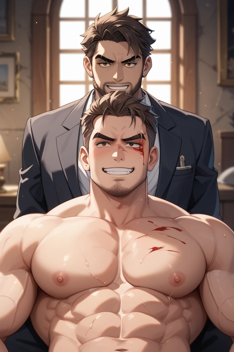 , grey haired bearded handsome muscular man wearing an open button White shirt and red tie and grey pants laughing,gagged ,hands above head tied up, blindfolded, blushing face, , armpits tickling by hands, ribs tickling by hands, armpits scratched by hands, armpits poked by hands, tickle, tickling,hand all over body, office background 