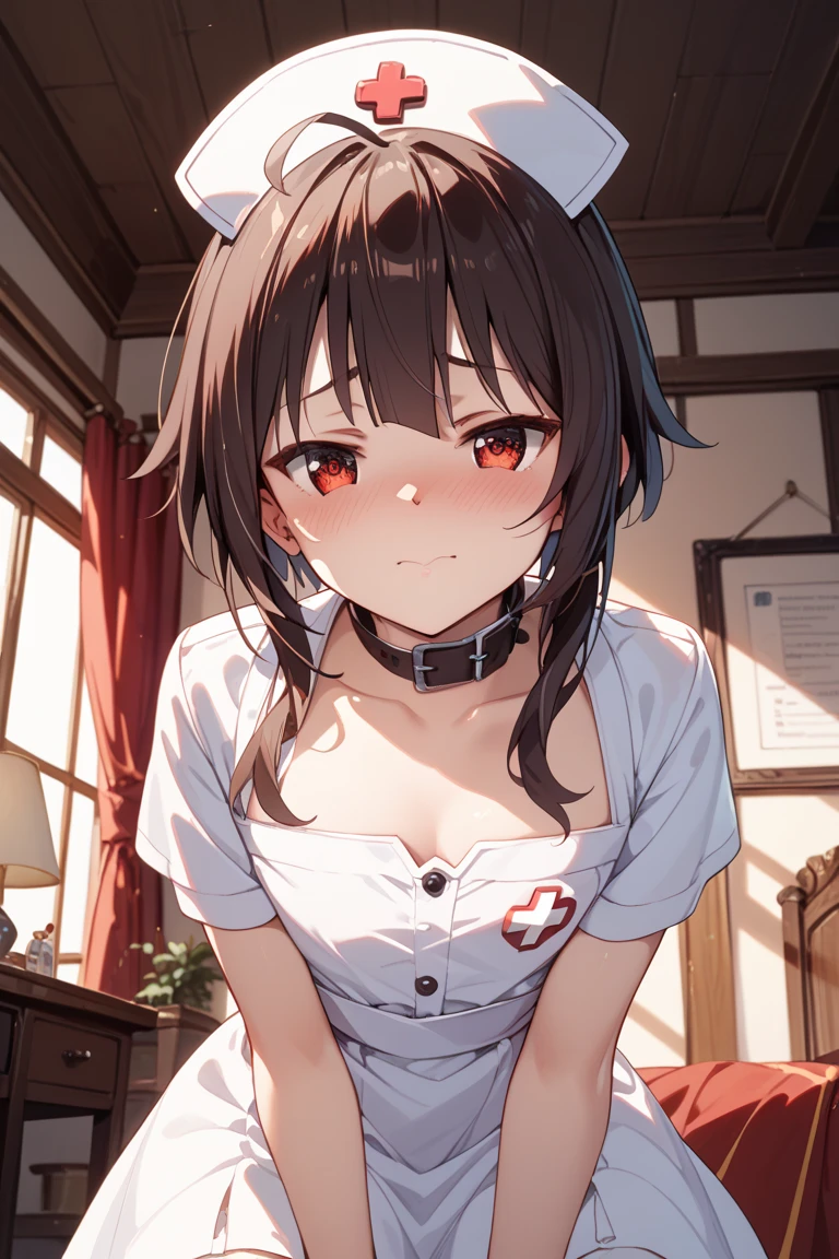 <lora:nurse_v11-05:1>,nurse <lora:metalCollar:1>metal collar,small bust,braid,brown eyes,,smile