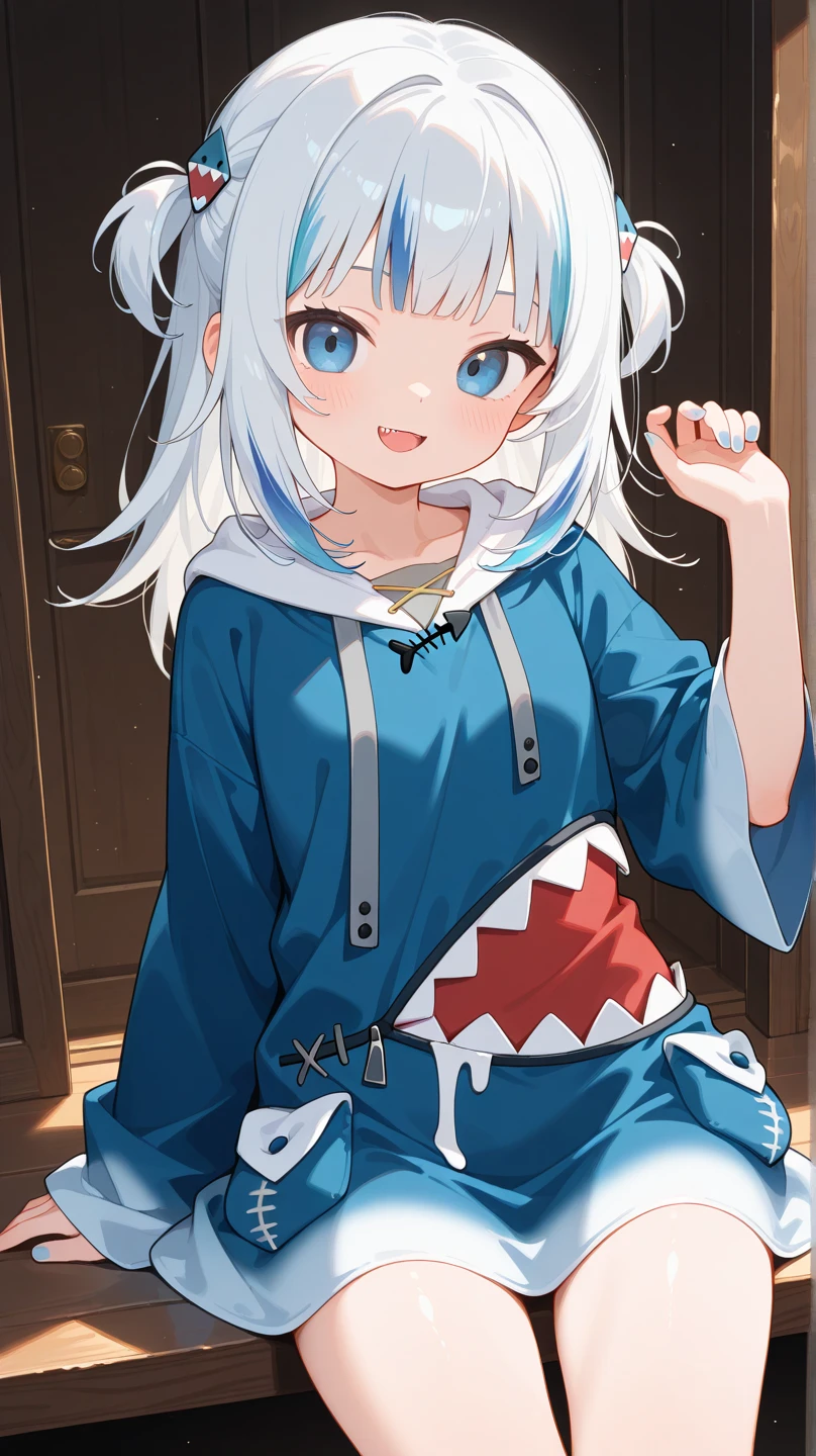 best quality, intricate details, 1girl, white hair, blue eyes, sharp eyes,messy hair, blue highlights, sharp teeth, blue hoodie, shark teeth design, bare legs, hair ornament, gawr gura, shark girl, shark tail, shark print, blue hoodie, sharp teeth, animal hood, shark hair ornament,