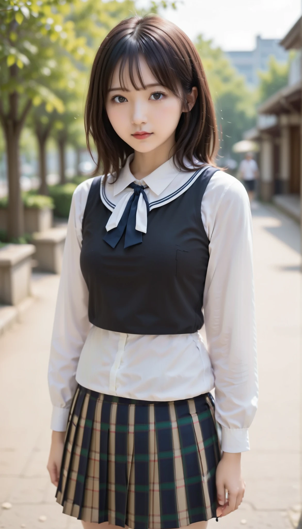 score_9, score_8_up, score_7_up, score_6_up, Source_ 1girl, solo,   PMMly, dark haired, brown eyes, short hair, hair bow,  white bow , white shirt, sailor color, neckerchief, Burberry Check Skirts, Pleated Skirt, black knee high socks，Brown Loafers，Brown school-designated bag，is watching you, Big breasts, Green Park，Before spraying，blue sky，