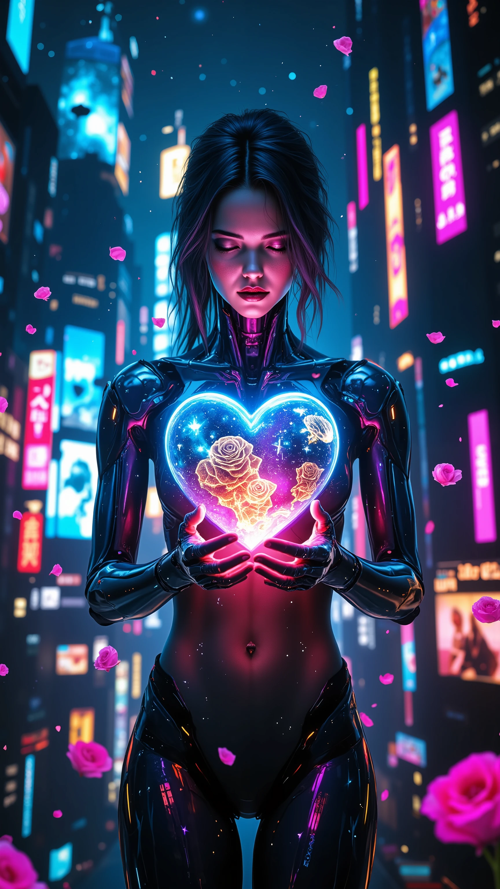  A cyberpunk robotic girl with human-like expressions, stands at the threshold of two converging realities, her semi-translucent form radiating an ethereal glow as she bridges the gap between a high-tech neon cityscape and a boundless cosmic void. The cityscape unfolds with holographic skyscrapers, flying vehicles, and digital billboards that cast a kaleidoscope of neon reflections on her metallic skin, while the cosmic expanse swirls with galaxies, glowing nebulae, and fractal energy that seems to pulse through her very being. In her hands, a heart-shaped crystal pulsates with vibrant neon colors - electric blue, magenta, golden-orange, and luminous violet - as it contains a holographic map of interconnected universes, symbolizing love, unity, and an endless journey through parallel worlds. Her cybernetic tattoos glow faintly, like constellations on her skin, as floating petals of digital roses dissolve into cosmic particles around her, evoking a surreal and dreamlike atmosphere. Inspired by the futuristic and cinematic styles of Syd Mead, H.R. Giger, and Ash Thorp, with dramatic lighting that blends light and shadow, this image is a symphony of love, mystery, and infinite possibility, rendered in ultra-HD, with a smooth, cinematic quality that invites the viewer to step into the limitless expanse of the cyberpunk girl's journey.