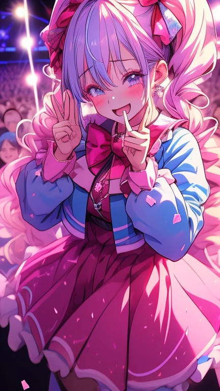 (2 anime idol girls), after concert, on stage,
emotional moment, tearful smiles, victory pose,
supportive friendship, celebrating together,
stage lights, cheering crowd in background,
colorful frilly idol costumes, sparkles and confetti,
masterpiece, best quality, ultra detailed,
anime style, full body, concert stage setting

