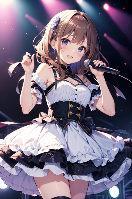 sing、holding a microphone, dancing、big smile、adult woman、exact number of fingers、Exact number of legs、Exact number of arms、bangs, Dereste、ribbon ponytail, brown hair、white and navy idol costume、That costume includes a navy blue idol-style corset., That costume has a ribbon on the collar.、The costume covers the shoulders, sides, upper arms, and arms., That costume only opens wide at the chest.、high socks、white idol style skirt, (Detailed and luxuriously decorated underwear:1.3), Ribbon at collar, (White and pink panties with lots of lace:1.3), white lace bra:1.2), sexy underwear, Thighhighs、 beautiful big breasts, (erect nipples:1), The skirt is flipped by the wind、highest quality, High resolution, (detailed and beautiful eyes:1.6), highly detailed face, perfect lighting, Very detailed CG, (perfect hands, perfect anatomy)、(live stage、a lot of spectators:1.3)、whole body
(white horizontal lace panties:1.1), (skirt lift:0.97), (shirt lift:0.96), show off panties、(show off bra:0.94)