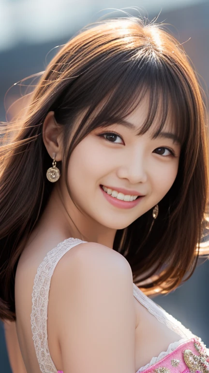(Photoreal Stick:1.5, masutepiece:1.5, RAW shooting, 8K), (top-quality, masterpiece, 超A high resolution), morning, (Shoot with blur:1.7), (fog the lens:1.6), (reflect light onto the lens:1.7), ((sunrises, Sunlight coming in from behind:1.7, morning日の陽光が画面いっぱいに広がる:1.7)), ((morning日の陽光が女性を照らす:1.8)), ((画面全体がmorning日の陽光のせいで白く霞んで見える:1.8)), ((女性はmorning日の陽光でぼんやりして見える:1.9)), Face Sharp Focus:1.3, Professional camera work:1.3, Highly detailed skin and facial texture:1.3, Grow Light Effect, The ultra-detailliert:1.3, 1girl in, Fair skin, (Sense of clarity:1.4, a small face), Extremely beautiful face:1.5, (Sense of clarityを感じる目:0.9, looking distantly), A smile:1.0, i love you completely:0.8, (Slightly open mouth:0.4, Sense of clarityを感じる口当たり:0.7), 二重まぶた, Dark brown medium hair, necklace and earrings, (Japanese silver kimono, off shoulders)
