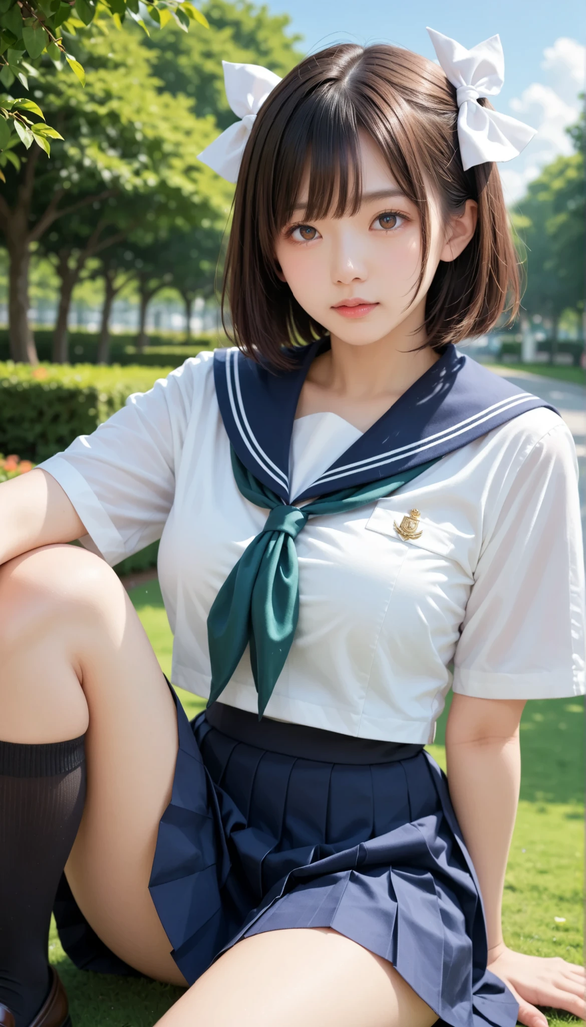 score_9, score_8_up, score_7_up, score_6_up, Source_ 1girl, solo, PMMly, dark haired, brown eyes, short hair, hair bow, white bow , White shirt, sailor color, neckerchief, Burberry Check Skirts, Pleated Skirt, black knee high socks,Brown Loafers,is watching you, Big breasts, Green Park,Before spraying,blue sky,