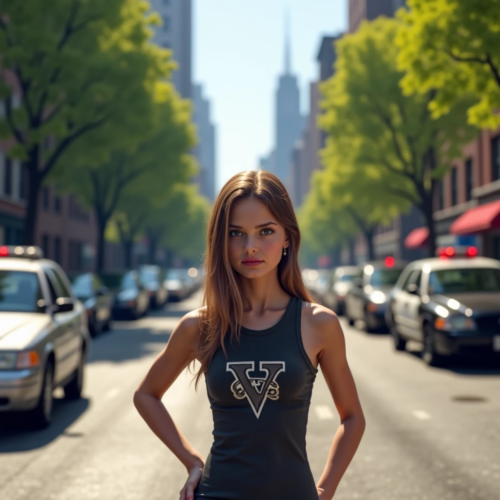 American Girl, very beautiful, athletic body, White skin, dark blonde hair, top with neckline, Short black shorts,, San Francisco street background, 8K photo quality, Realistic details, ultra definition.