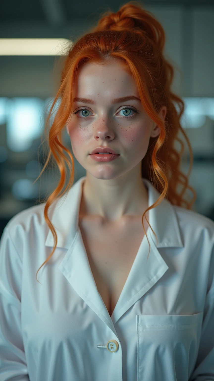 An Young 18 year old girl cute and beautiful with Red long hair, patients clothes as test subject for experiment