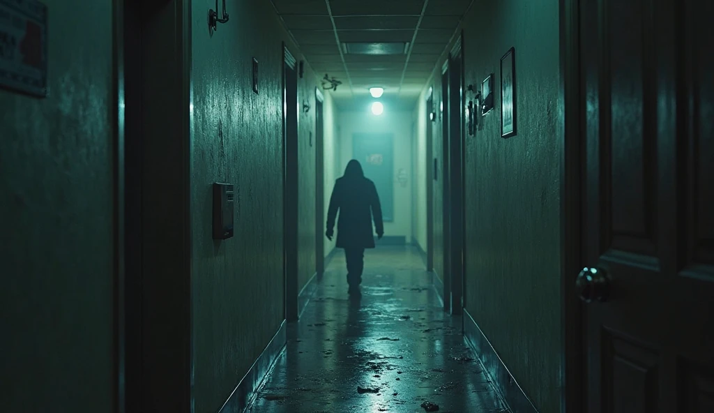 A podcast titled tales of the night with a shadow at the end of a hallway with a light bulb gone and off