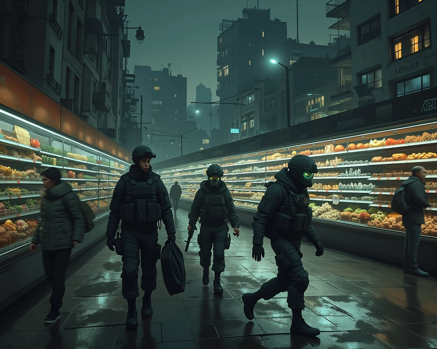 World post-apocalyptic city abondonada and destroyed man with gas mask and a rifle on his back and a pistol at the waist in the middle of the image looking at a crowded market along with his dog